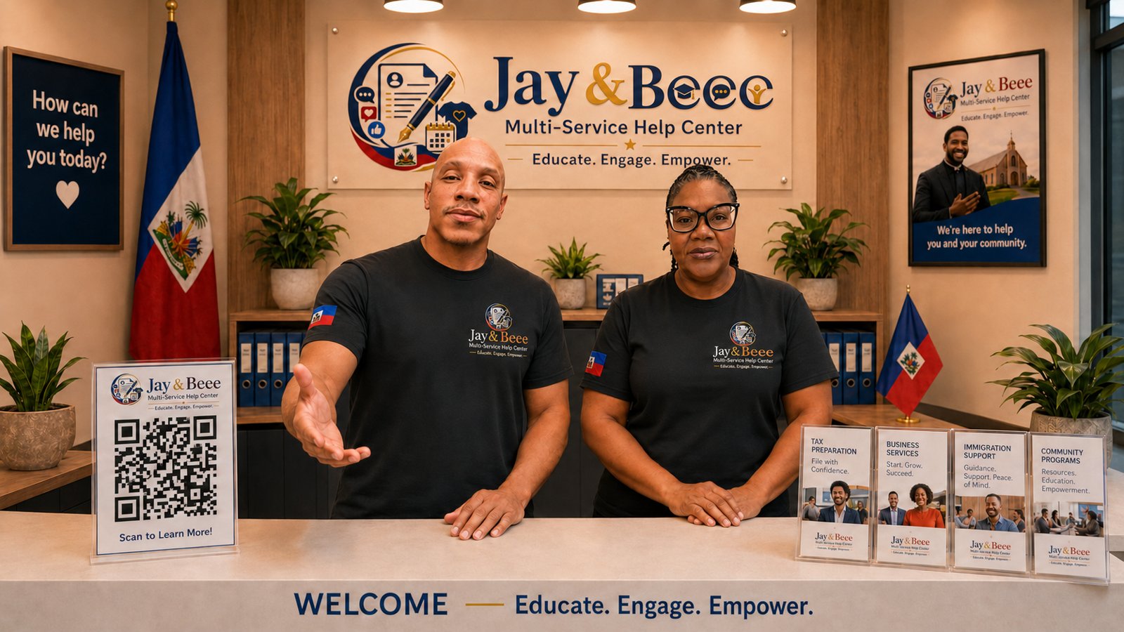 Jay and Beee at the Jay & Beee Multi-Service Help Center welcome desk in Union, New Jersey